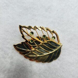 Vintage Kenneth Cole Leaf Enamal Rhinestone Brooch Pin Gold Tone Statement